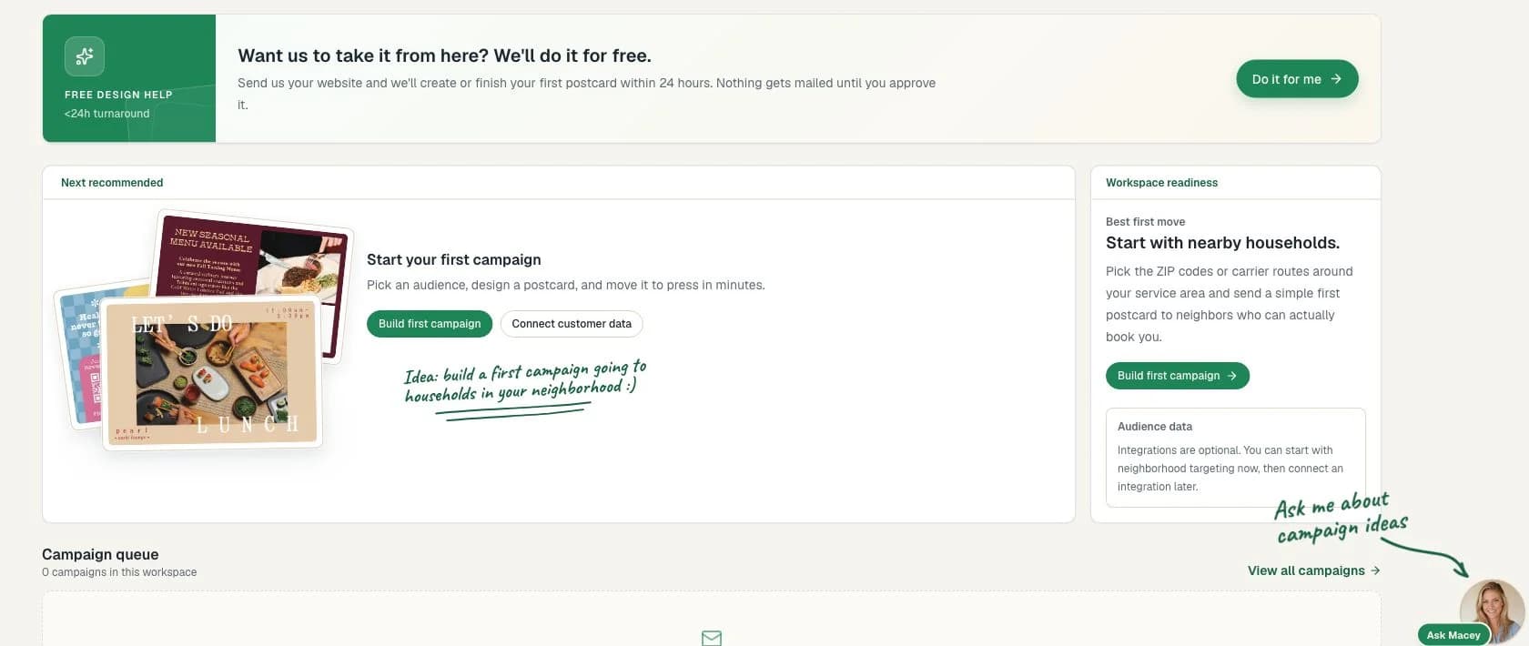 Postcards.ai dashboard recommending the first campaign and offering free design help.