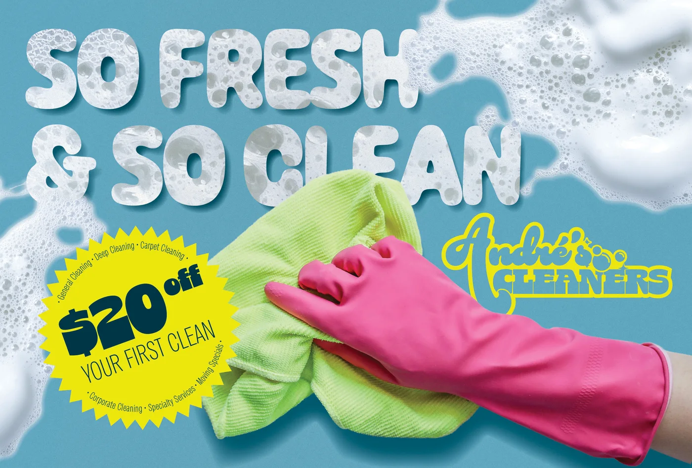 Cleaning service postcard front with a first-clean discount.