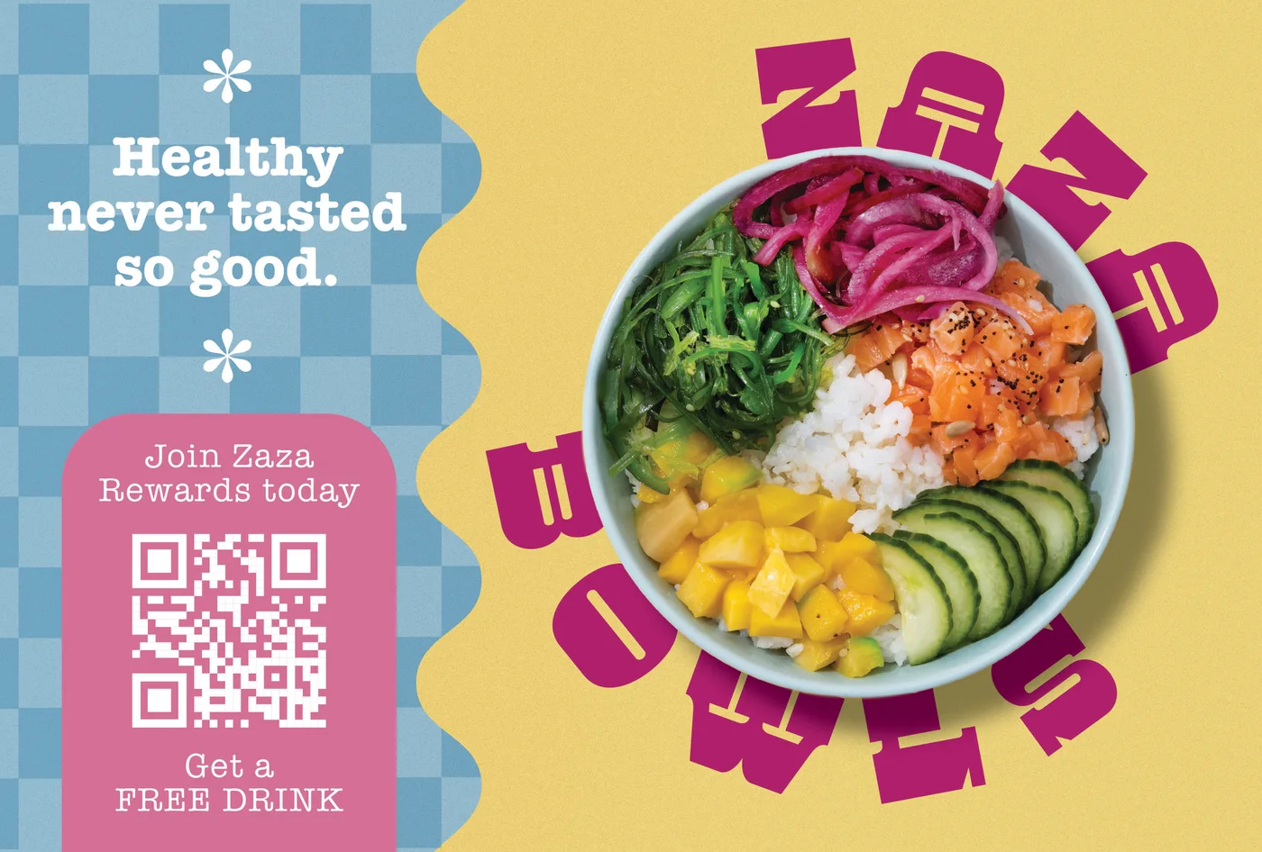 Fast casual restaurant postcard front promoting a free drink.