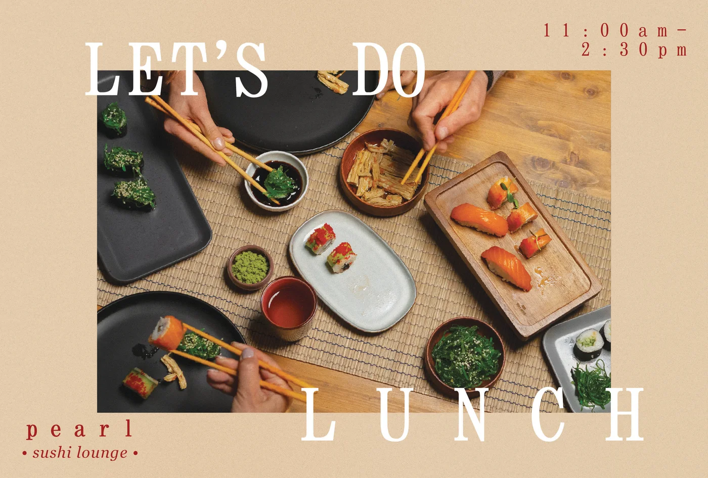 Sushi lunch postcard front promoting a local restaurant special.