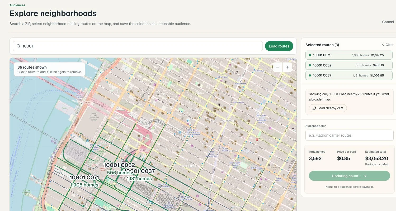 Postcards.ai neighborhood audience builder showing selected carrier routes, household counts, and the campaign total.